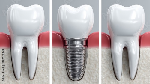 Detailed 3D medical illustration showing tooth and titanium dental implant structure for oral health and prosthetic dentistry concept. Educational visualization used in clinic presentations and health