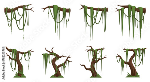 Lush jungle branches draped with vibrant green vines and moss, perfect for adventurous scene creation and fantasy game design