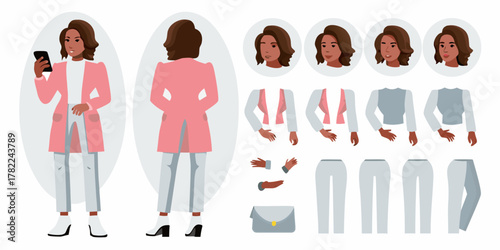 Modern woman character design kit with multiple poses and outfit options