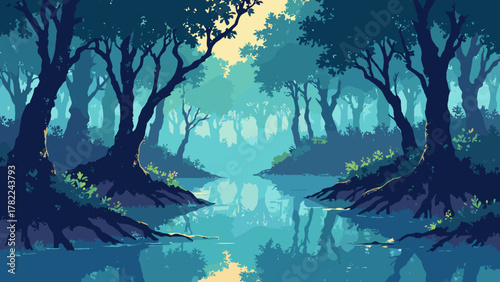 Neon mangrove pockets — clustered mangrove pools edged in soft neon and reflective root webs, palette: lime, indigo, gold, no people