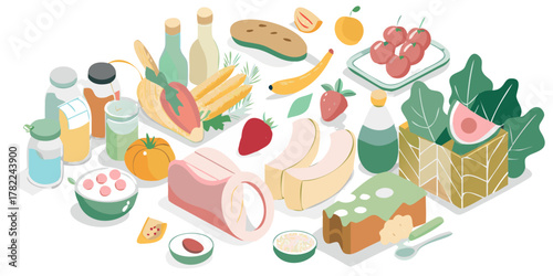 Isometric arrangement of fresh food items including fruits vegetables meat and drinks in a vibrant flat illustration style