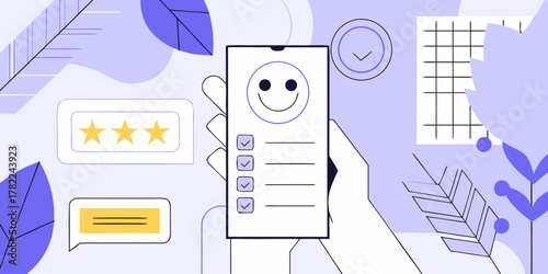 Customer feedback survey on smartphone with happy face and star rating