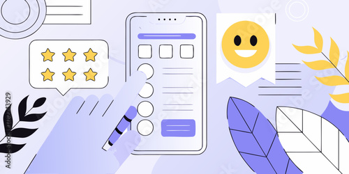 Customer feedback survey on a smartphone with star ratings and a happy emoji result