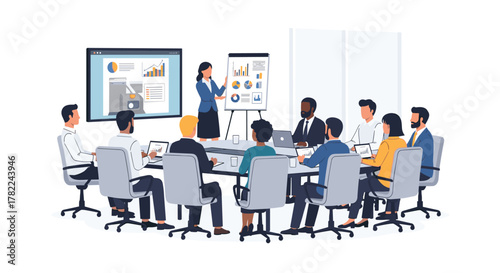 Diverse team collaborates in modern boardroom presentation with charts and data on screen and whiteboard