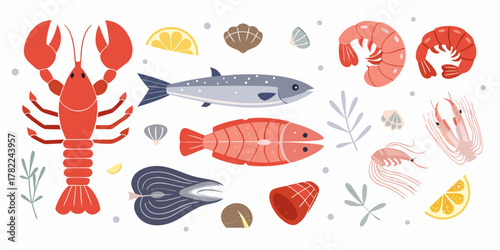Collection of fresh seafood and fish with lemon slices and seaweed elements