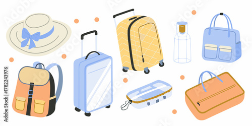 Collection of travel accessories including luggage backpack hat and bags for vacation and holiday journeys