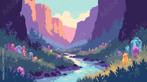 Prism canyon gardens — narrow canyon filled with cultivated glass gardens and small thermal vents, palette: prism, olive, dusk, no people