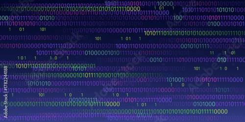 Abstract binary programming code on dark blue background. Vector realistic illustration of random neon green digits on computer display, software development matrix, data cyber security technology