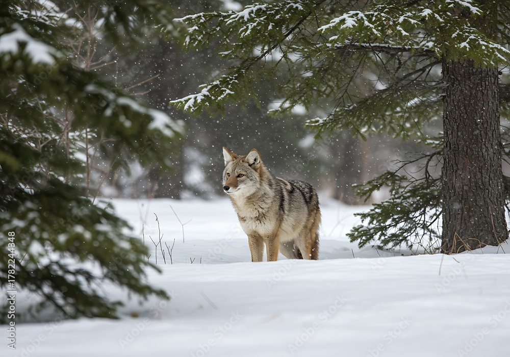 Naklejka premium Coyote in a Snowy Forest.
