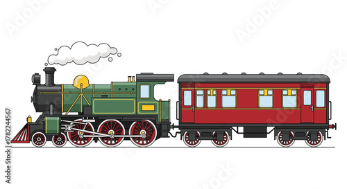 Vintage steam train with red passenger carriage puffing smoke, transporting passengers on a nostalgic journey through history