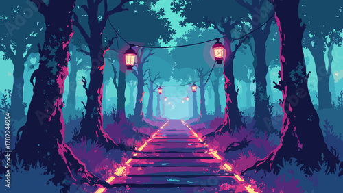 Cyberpunk mangrove boardwalk — glowing planks and wired lanterns weaving through neon roots, palette: teal, magenta, soot, no people