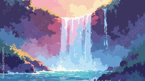 Holographic waterfall — glassy cascade made of light ribbons pouring into a silver basin, palette: holographic silver, cerulean, coral, no people