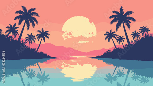 Retro lagoon at dusk — mirrored lagoon with prism islands and palm silhouettes under a gradient sun, palette: coral, aqua, gold, no people