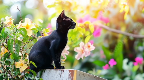 Wallpaper Mural Elegant Bombay Cat Perched on a Sunlit Garden Wall Among Blooming Flowers Torontodigital.ca