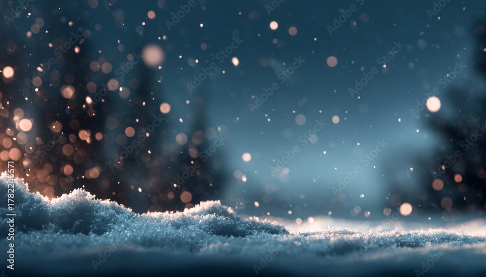 Naklejka premium Enchanting winter wonderland with fresh snowfall, bokeh fairy lights illuminating a serene landscape