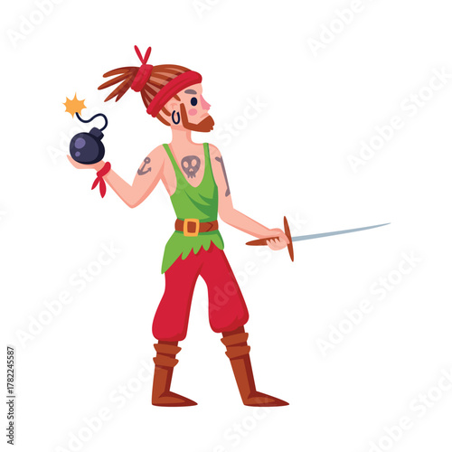Man Pirate Character in Hat with Sword Hold Bomb Vector Illustration