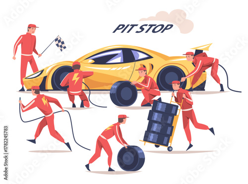 Pit Stop with Man Character Repair Motor Car Vector Illustration