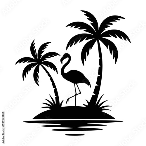 Flamingo and two palm trees silhouette standing on an island with calm water reflection, representing tropical vacation and summer paradise