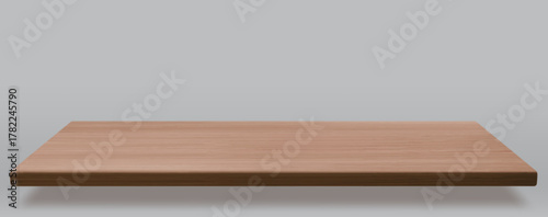 Wooden desk top with natural wood grain texture on gray background. Realistic empty table surface display with horizontal planks in brown colors. Blank shelf for product mockup presentations.