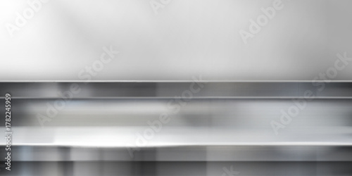 Glossy stainless steel table surface. Vector realistic illustration of abstract metal counter with light reflection, kitchen counter foreground, shiny aluminum shelf, product presentation platform