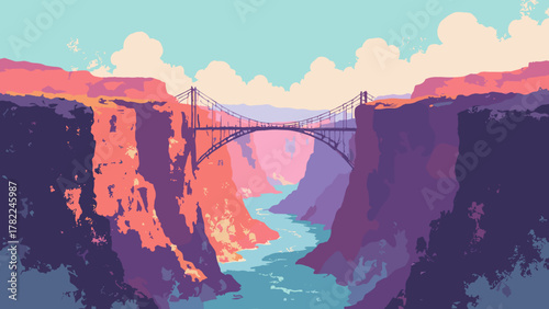 Digital canyon — razor cliffs with laser-cut strata and cable bridges, sky streaked with data trails, palette: crimson, teal, gray, no people