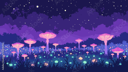 Biolume fungal plain — field of luminescent fungi forming a glowing carpet under a violet sky, palette: neon green, lavender, black, no people
