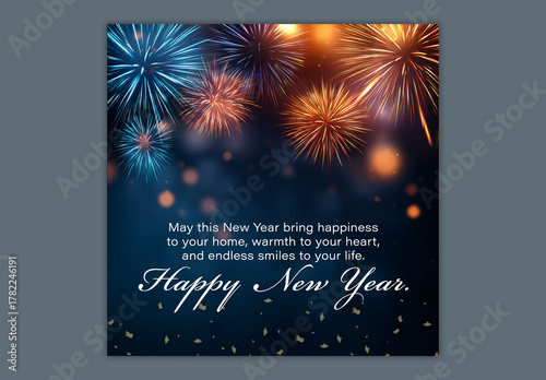 Happy New Year Celebration Social Media Post Template with Fireworks Background, Editable Design.