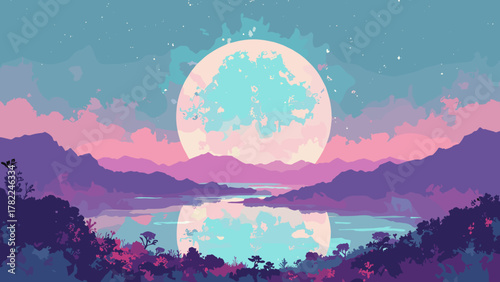 Hologram plateau — flat-topped mesa radiating holographic glyphs with distant mirrored mountains, palette: holo silver, teal, maroon, no people