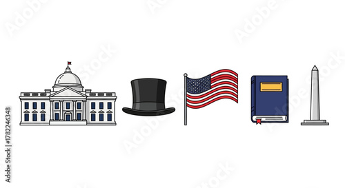 Illustrative representation of key American national symbols signifying the nation's history, governance, and patriotic spirit, isolated on a white background