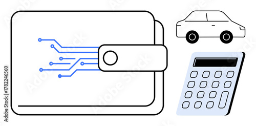 Digital wallet with circuits, calculator, and car highlighting financial technology, budgeting, and transportation. Ideal for fintech, expense tracking, mobility, innovation finance solutions