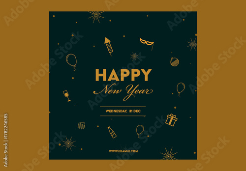 Happy New Year Social Media Post Template with Party Elements on Black Background, Editable Design.