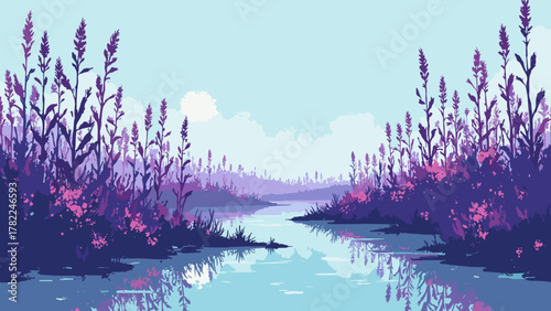 Cybernetic wetlands — reed clusters threaded with fiber-optic veins and glassy shallows, palette: seafoam, neon purple, slate, no people