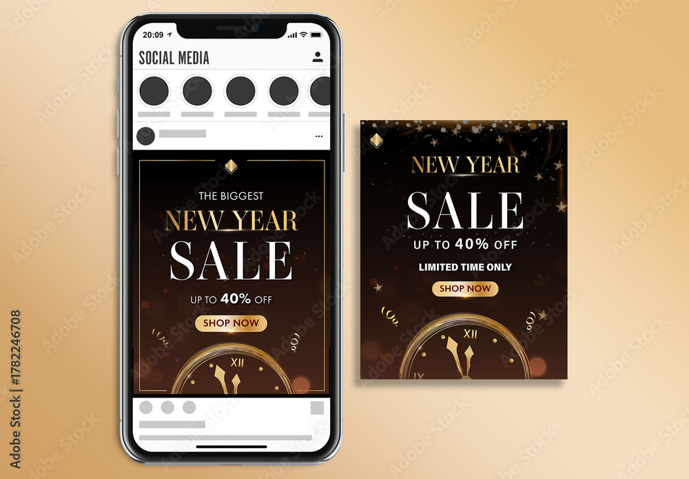Editable New Year Sale Social Media Post Template with Golden Clock in ...