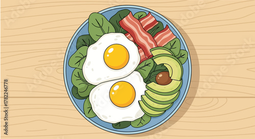 A Delicious Keto Diet Breakfast with Fried Eggs, Bacon, Avocado, and Spinach