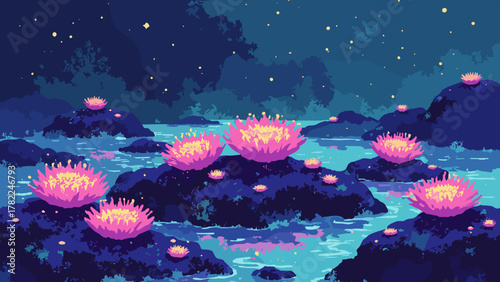 Neon tidepool detail — star anemones glowing in micro-neon colors across wet black rock, palette: magenta, teal, lemon, no people