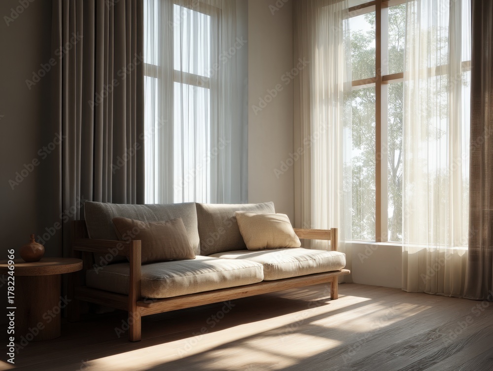 Fototapeta premium A white couch is in a room with a window. The window is open and the sun is shining through it