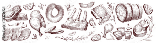 Raw meat piece sketch collection with vintage food vector illustration. Hand drawn slices, steaks, ribs and poultry cuts - engraving various butcher shop products with herbs and seasoning elements.