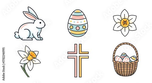 Easter Icons Bunny, Egg, Daffodil, Cross, and Basket - Colorful Spring Elements