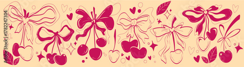 Coquette heart cherries with red ribbon bows on beige background. Vector illustration of retro pattern with love and romance berry symbols, girly style doodle elements for elegant vintage banner