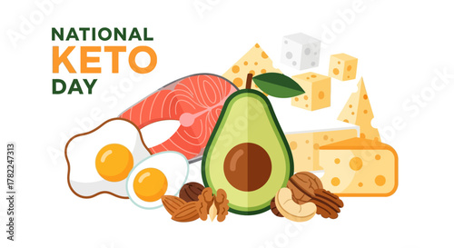 An illustrative composition of nutritious ketogenic diet foods, featuring avocado, salmon, eggs, nuts, and cheese for a healthy lifestyle