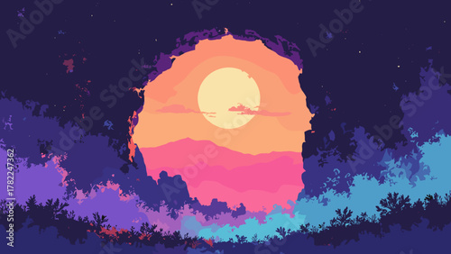 Synthwave basalt arch — natural arch backlit by a gradient sun and neon mist, palette: orange, purple, electric blue, no people