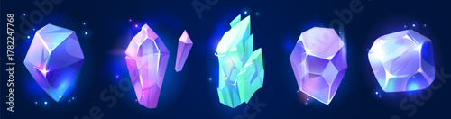 Color gem stones set isolated on background. Vector cartoon illustration of shimmering purple, blue, turquoise crystals, treasure game design elements, magic gemstones shining, fantasy jewels icons