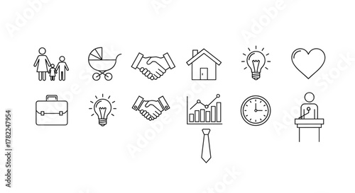 Minimalist line art vector illustration featuring a set of icons representing family, business, and lifestyle elements, including a family unit, baby stroller, briefcase, handshake, house, lightbulb
