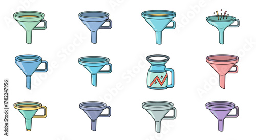 Collection of twelve colorful cartoon funnels and a beaker with a graph, presented on a clean white background, ideal for web design, educational materials, and conceptual illustrations representing