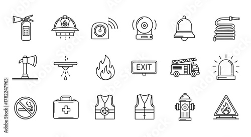 Fire Protection Set of Web Icons in Line Style: A Comprehensive Collection for Web and Mobile Applications, Featuring Editable Stroke Vector Illustrations of Essential Safety Equipment and Symbols
