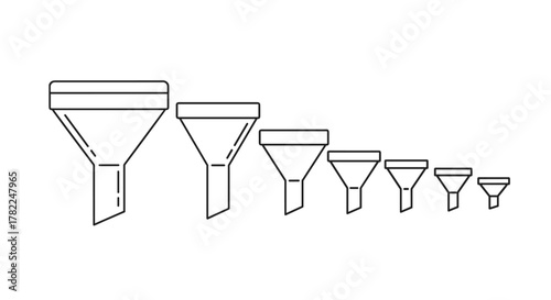 Collection of simple linear outline funnels in decreasing size, presented on a clean white background. This editable stroke vector illustration is perfect for web sites, books, cards, and apps