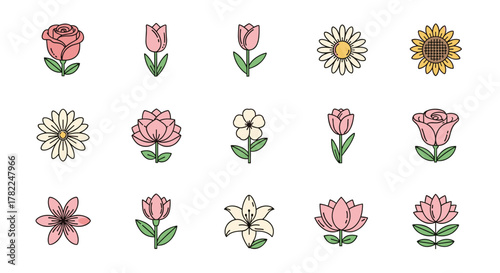 Collection of 15 stylized, flat design flower icons with editable stroke, featuring roses, tulips, daisies, sunflowers, lotuses, lilies, and other blossoms, perfect for web, books, cards, and app