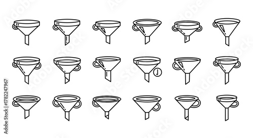 Collection of outline funnel icons with editable stroke, perfect for infographics, articles, books, flyers, and banners. Vector cartoon illustration featuring various funnel designs for diverse