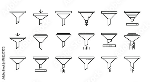 Collection of line art funnel icons representing data filtering, sorting, and processing. This set includes various funnel designs with arrows, bars, and liquid flow indicators, perfect for web, app