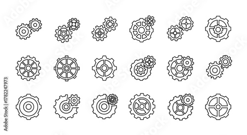 A versatile collection of line icon illustrations featuring various gears and cogwheels, presented in a clean outline style. This pack includes diverse designs suitable for graphic and web design